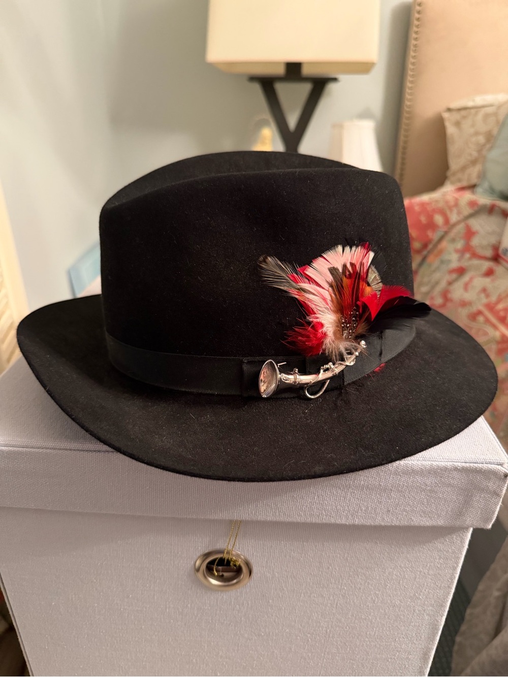Black Dobbs New York Fur Felt Fedora with Red Feather Accent Bugle & Jockey Pin